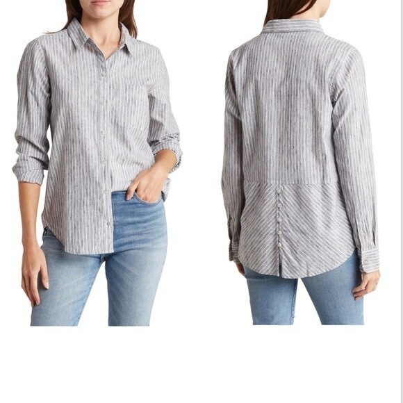 Lucky Brand Striped Button Up Tunic Shirt Long Sleeve Cotton Chest Pocket - Picture 1 of 16